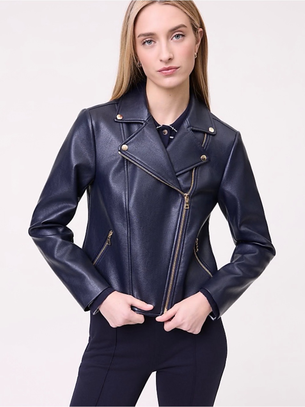 Ann Taylor NWT  Navy Faux Leather Moto Jacket with Gold Hardware